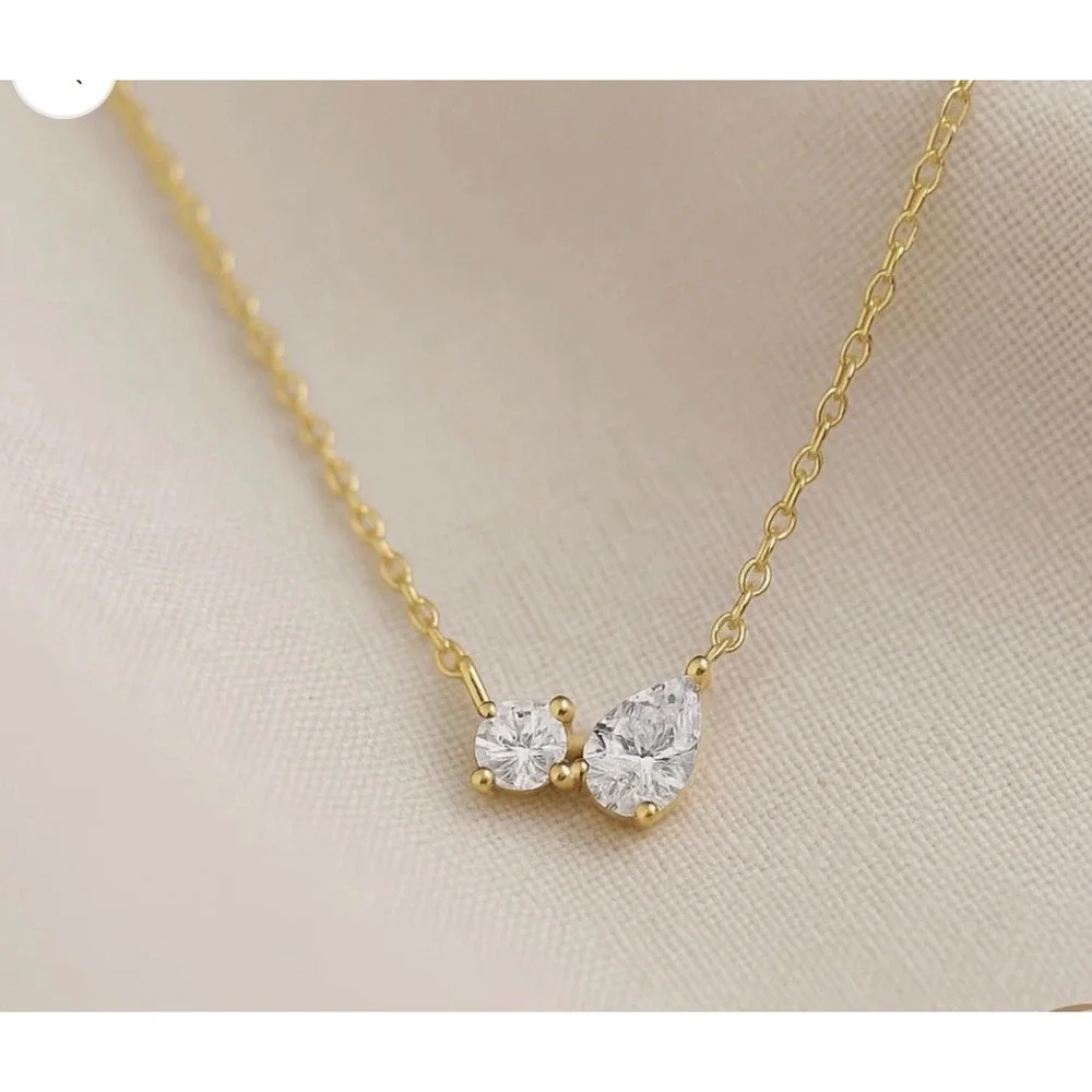 Pear & Round CZ Cluster Necklace 925 Sterling Silver 18k Gold Plated